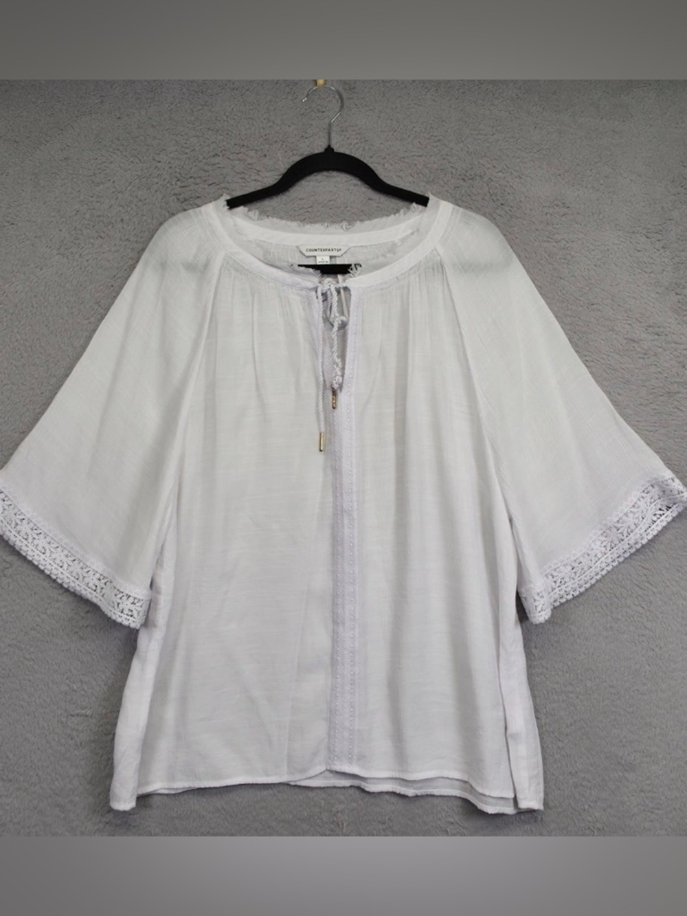 Counterparts White Gauzy Floral Lace Boho Semi Sheer Peasant Flowy Top Size L